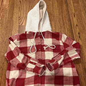 American Eagle Red Plaid Hooded Flannel Shacket  Womens S Grunge Campus Casual